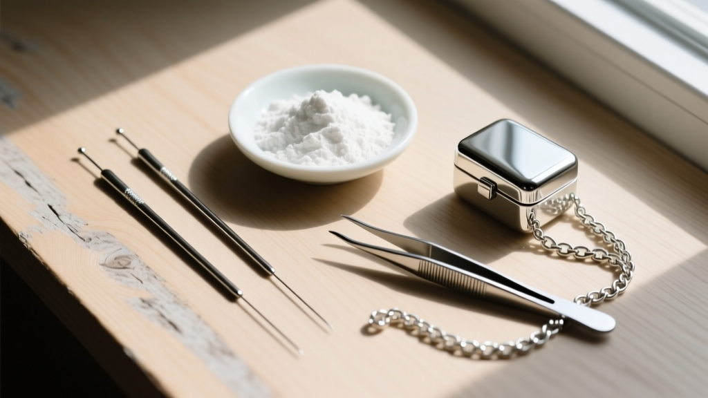 Flat lay of two thin beading needles, a dish of baby powder, and smooth tweezers next to a delicate silver box chain on wood.