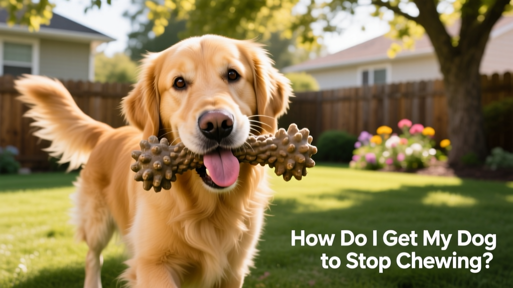 A golden retriever happily chewing on a durable rubber toy outdoors
