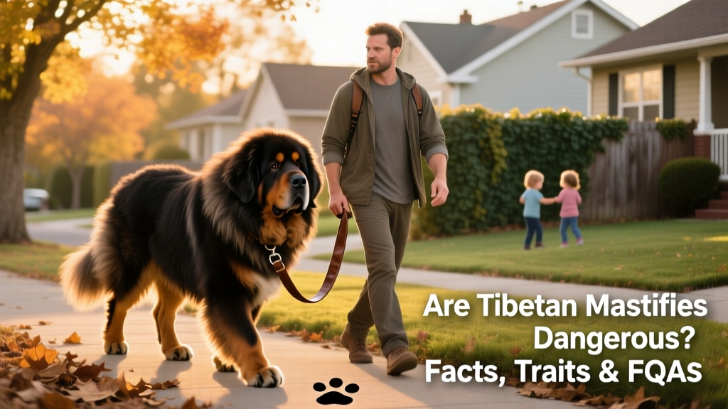 A Tibetan Mastiff walking calmly on leash beside its handler during a quiet neighborhood stroll