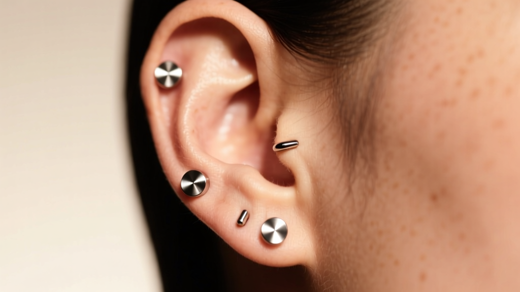 Close-up of an ear with three healed lobe piercings wearing titanium flat-back studs, illuminated by soft, warm studio lighting.