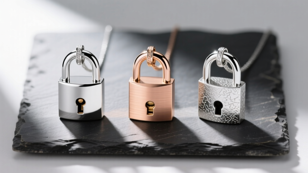 Three padlock pendants laid flat on slate: one sterling silver, one rose gold, and one platinum, highlighting metal textures
