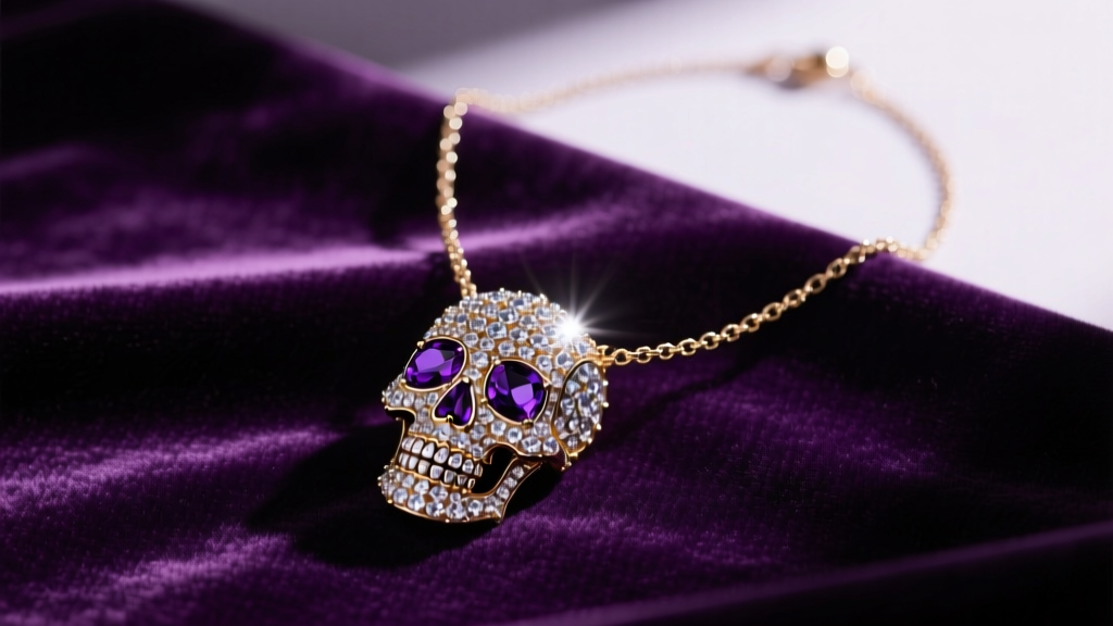Flat lay of a vintage Betsey Johnson Halloween necklace with a rhinestone skull pendant resting on dark purple velvet fabric