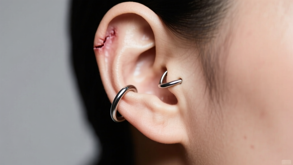 Side profile of a healed helix piercing wearing a titanium huggie hoop with proper clearance, showing healthy skin without redness