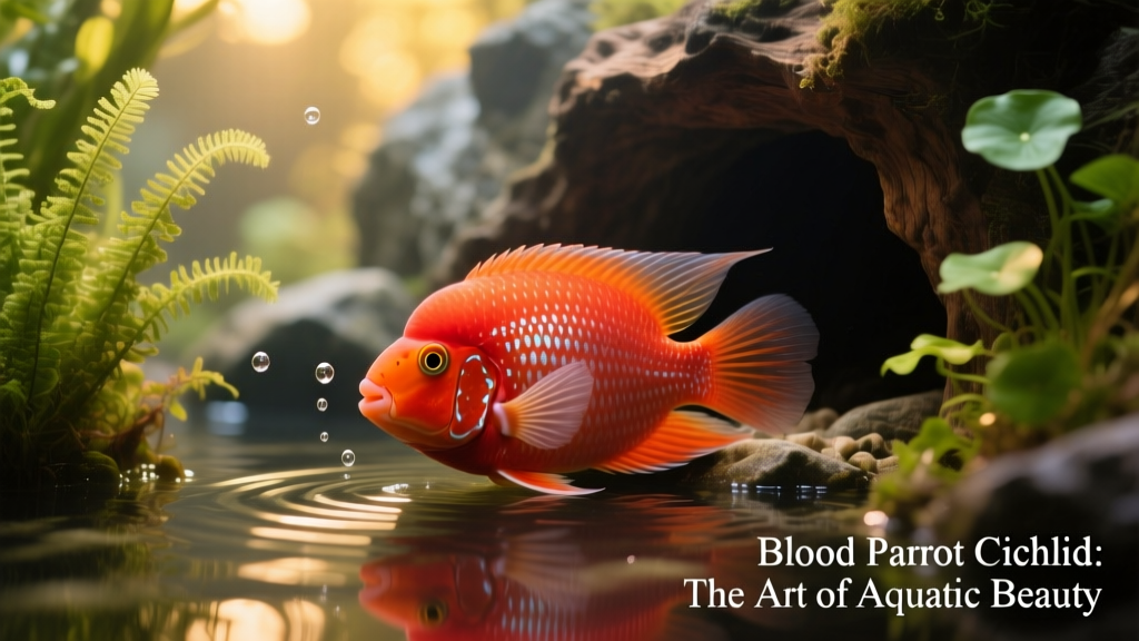 Aquarium setup featuring a blood parrot cichlid resting near a cave hideout with gentle filtration and lush plant cover