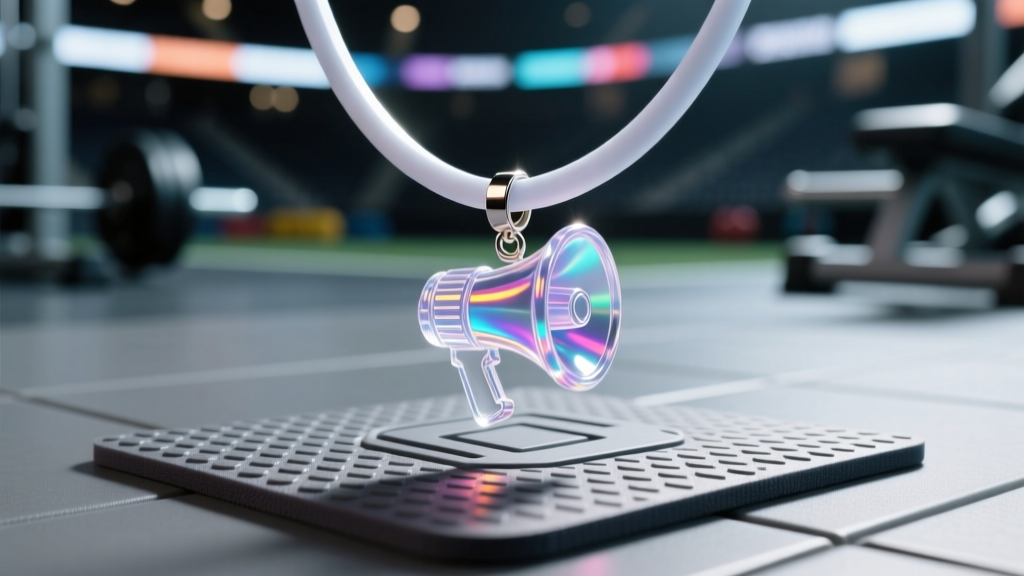 Close-up of medical-grade silicone cheer necklace with 3D resin megaphone pendant resting on a gym mat under bright arena lights.
