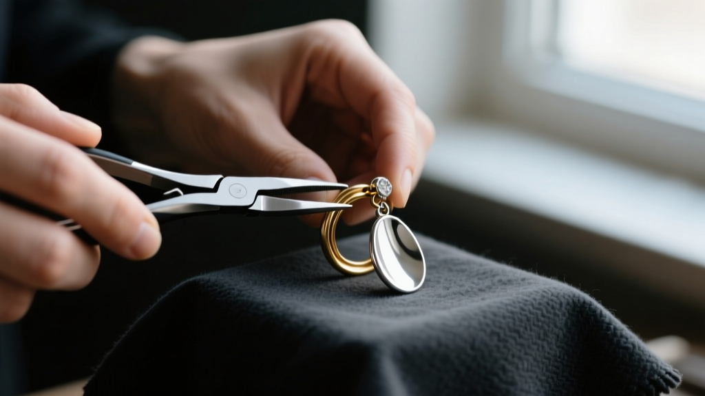 Jeweler using nylon pliers to gently bend the brass tension band of a silver paddle back clip earring over a dark microfiber cloth