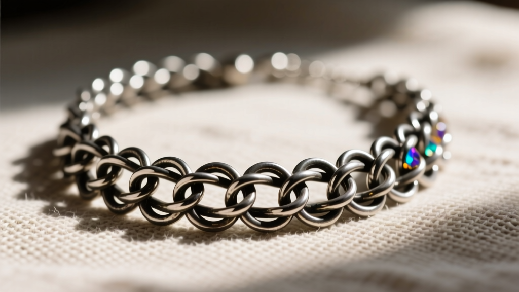 Macro shot of a bohemian oxidized sterling silver necklace skirt made of fine chainmaille rings resting on textured linen fabric