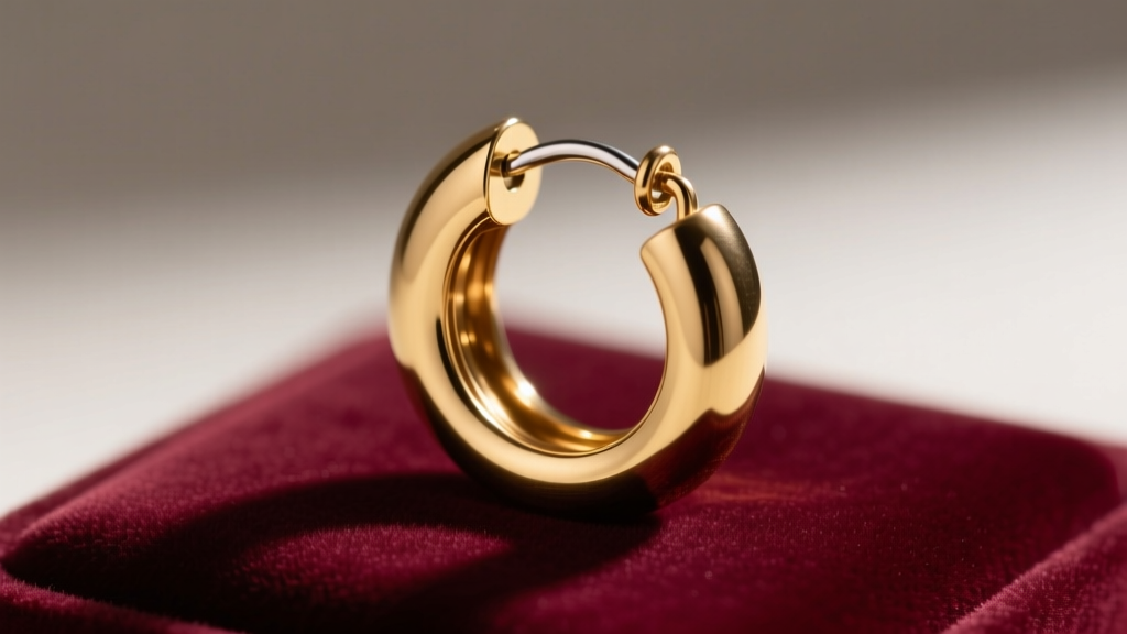 Close-up of a heavy brass round earring with a reinforced 14-gauge stainless steel French hook, displayed on a velvet pad.