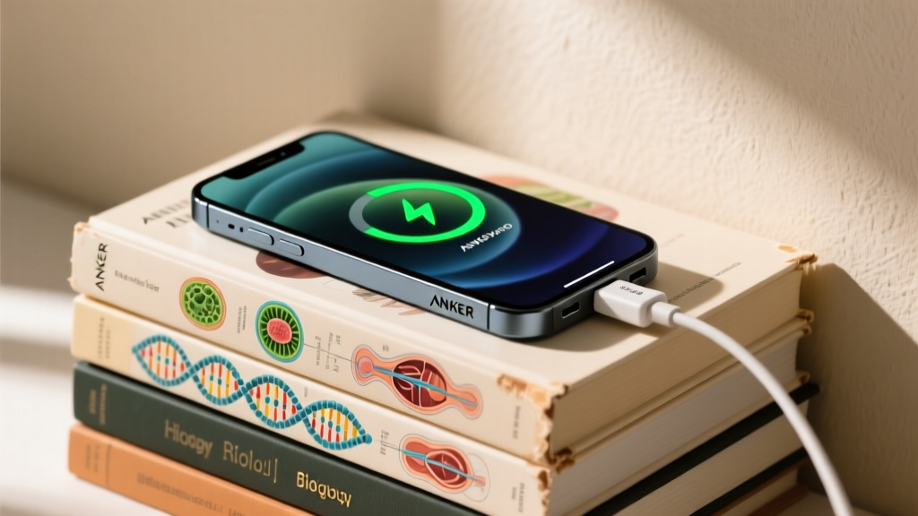 Anker Nano power bank plugged directly into the bottom of a smartphone resting on top of a stack of biology textbooks.