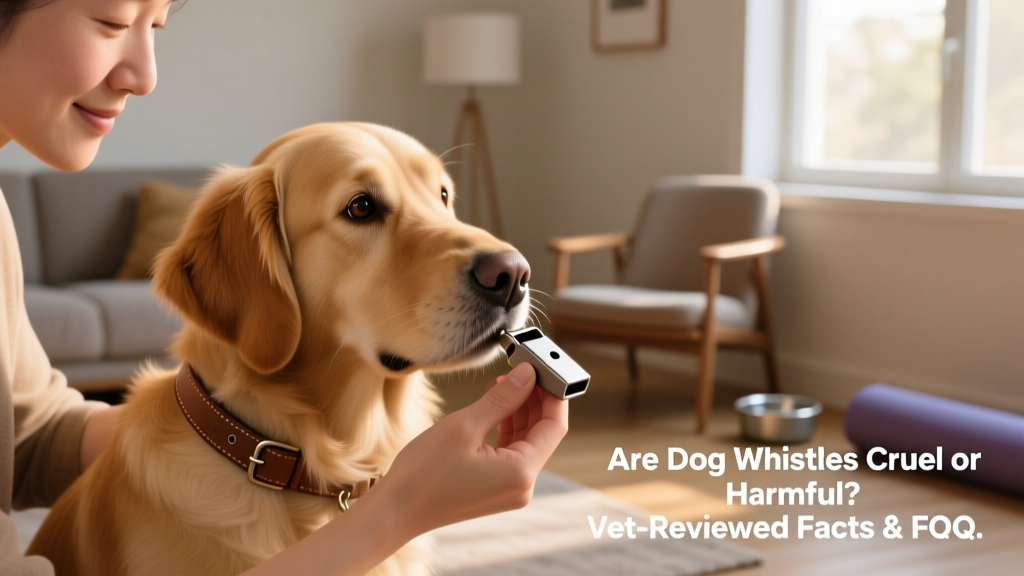 Close-up of a person holding a FurPetVo dog whistle near a calm, attentive dog