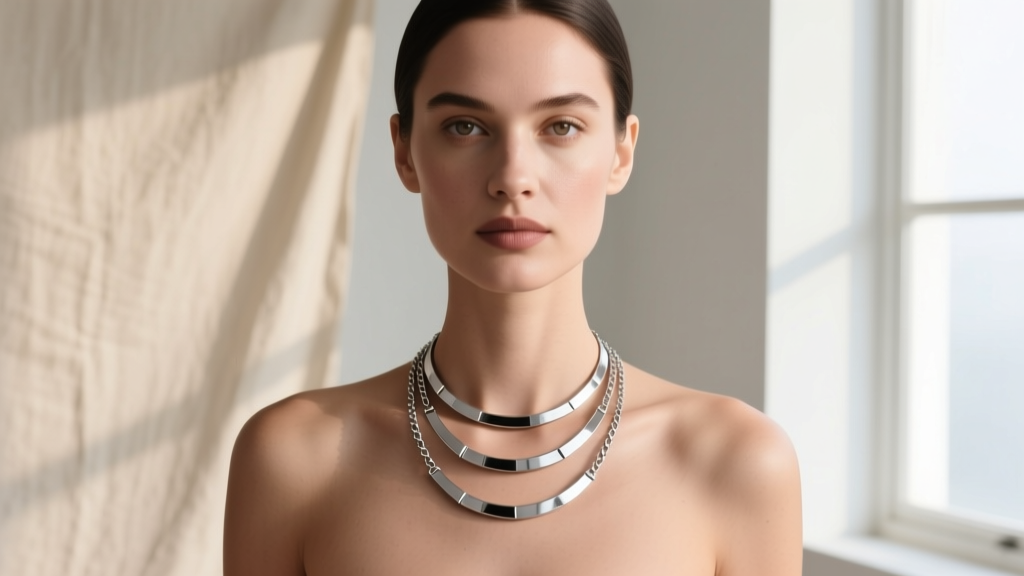 Woman wearing a three-piece titanium layered necklace set, showing exact two-inch spacing on her collarbone in soft daylight