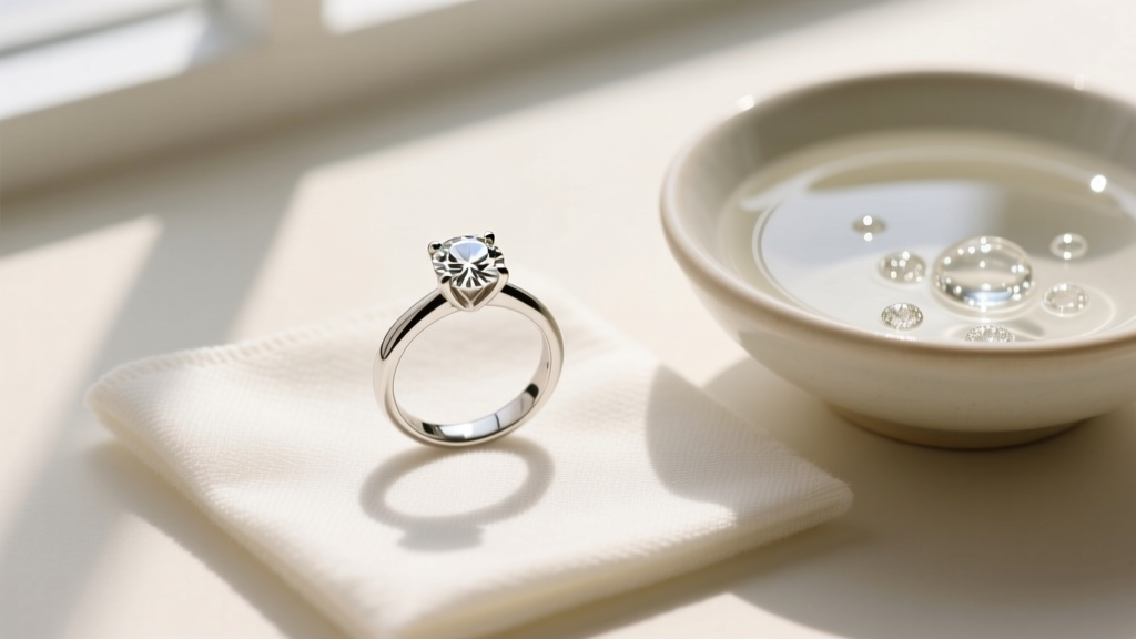 Overhead view of a 14k white gold diamond ring resting on a microfiber cloth beside a bowl of gentle jewelry cleaning solution