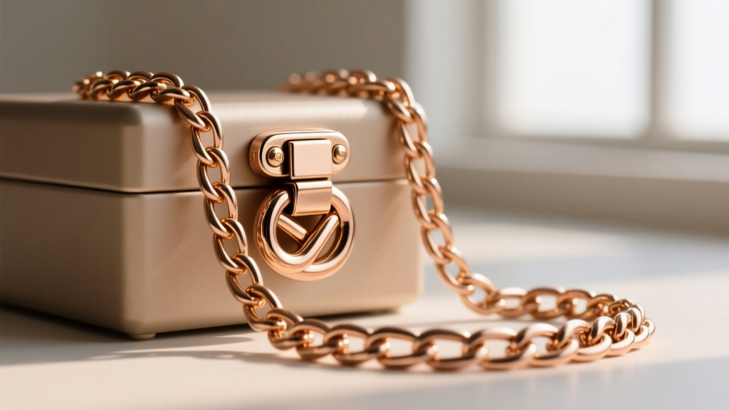 Side angle of a heavy box clasp with a figure-eight safety latch securing a thick 10k rose gold marine chain necklace