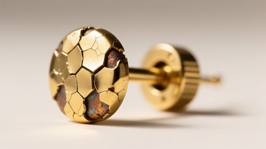 Macro close-up of a gold-plated brass earring post showing flaking electroplating and exposed base metal under bright studio light