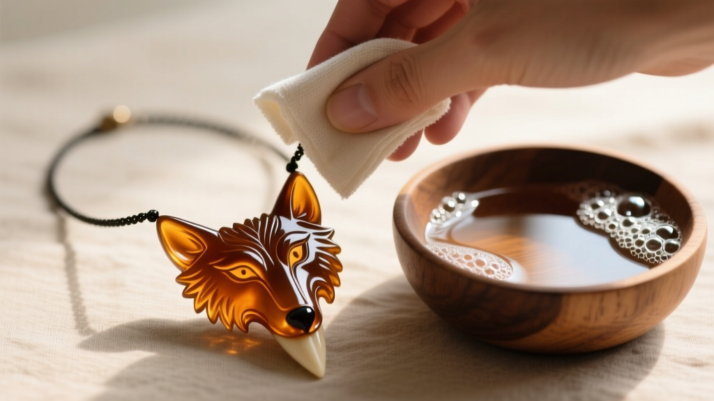 Hands wiping a carved resin wolf tooth necklace with a damp microfiber cloth beside a small wooden bowl of mild soapy water.