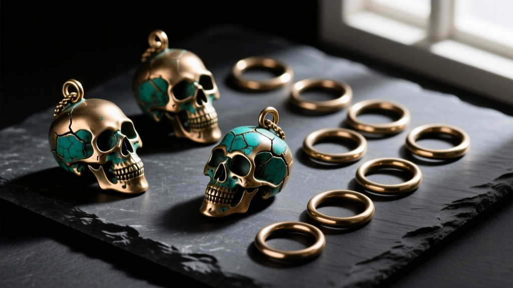 Oxidized brass skull charms and 20-gauge jump rings arranged on a dark slate surface for spooky jewelry assembly.