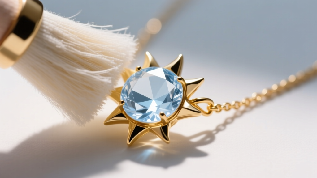 Macro shot of a microfiber cloth buffing a cloudy acrylic sun-shaped gemstone on a gold-plated fashion necklace to restore clarity