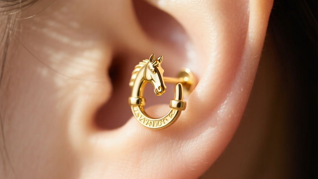 Macro shot of a 14k gold snaffle bit horse earring stud on an earlobe, soft sunlight, quiet luxury aesthetic, sharp focus.