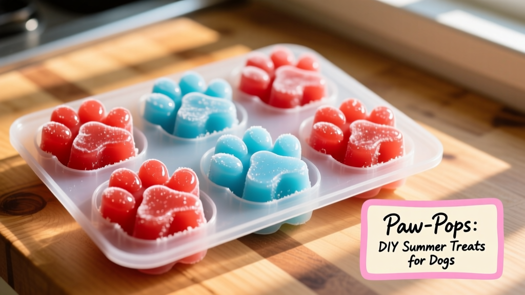 Top-down view of vibrant red and blue paw-shaped frozen treats in a silicone mold