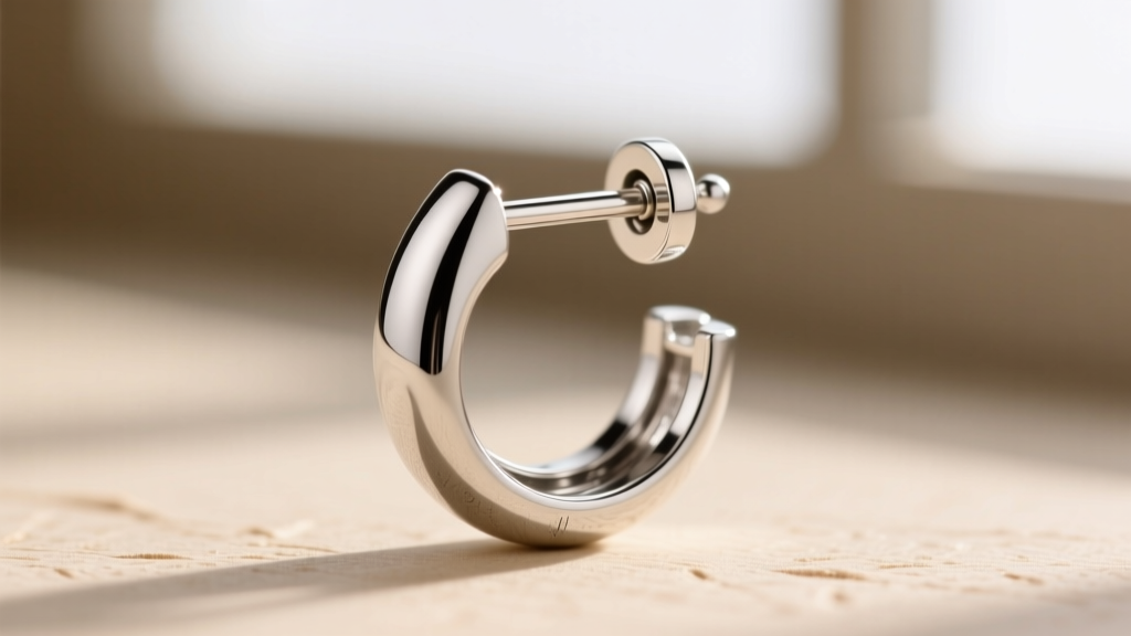 Macro shot of an 18-gauge sterling silver post on a sculptural rai earring, showing the secure friction back and polished finish