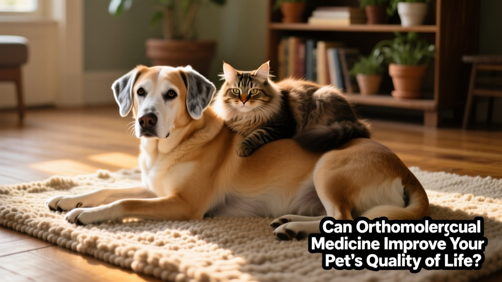 Happy senior dog and cat resting together on a sunlit rug, both appearing alert and comfortable