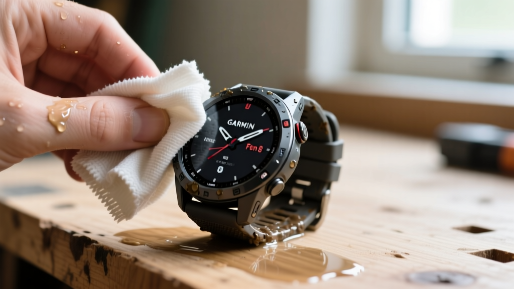 Close-up of a muddy Garmin Fenix 8 being gently wiped with a microfiber cloth and isopropyl alcohol on a wooden workbench