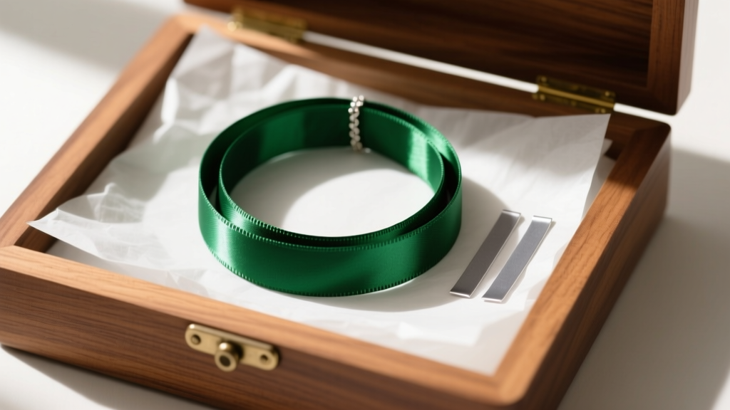A neatly rolled emerald green grosgrain ribbon necklace stored inside a cedar wooden jewelry box alongside anti-tarnish strips