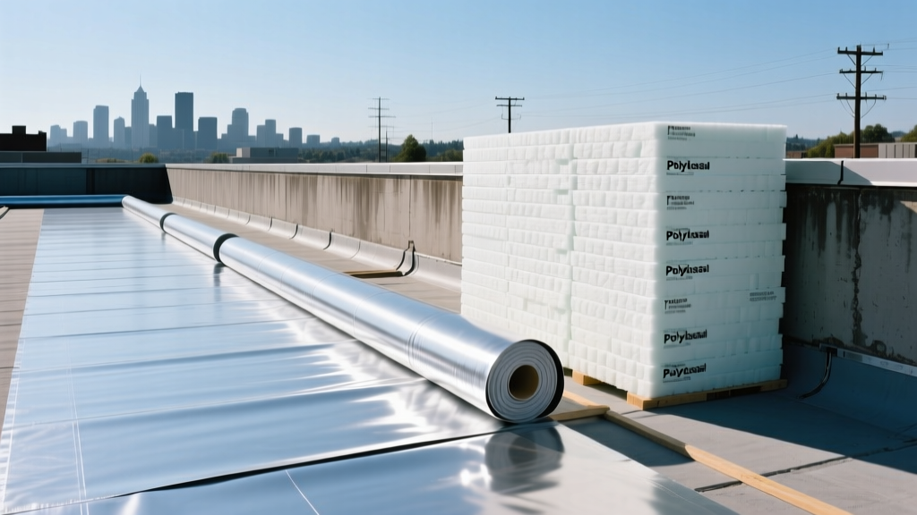 Commercial flat roof installation in Portland Oregon using TPO membrane rolls and polyiso insulation boards stacked near a parapet wall