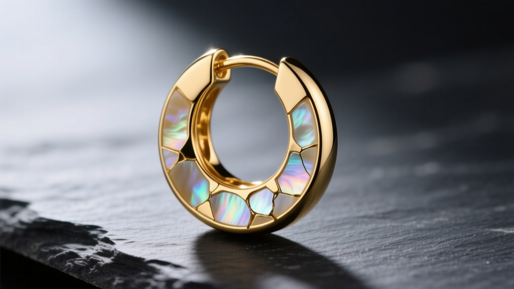 Macro shot of a 14k gold hoop earring with a cracked mother of pearl inlay resting on dark slate under soft directional lighting.