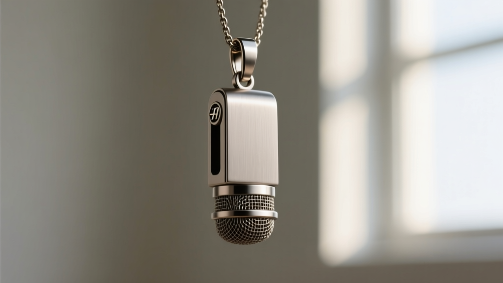 Side profile of a matte Grade 23 titanium microphone pendant highlighting the lightweight brushed finish and secure lobster clasp.