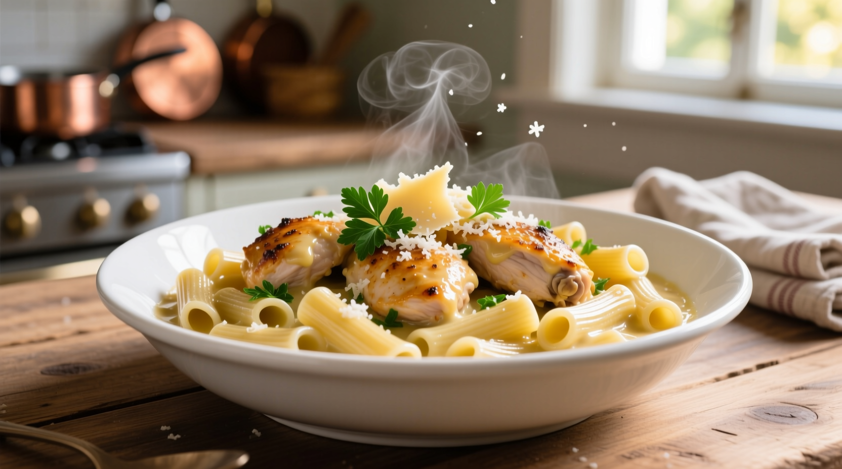 Creamy garlic butter chicken rigatoni in white bowl