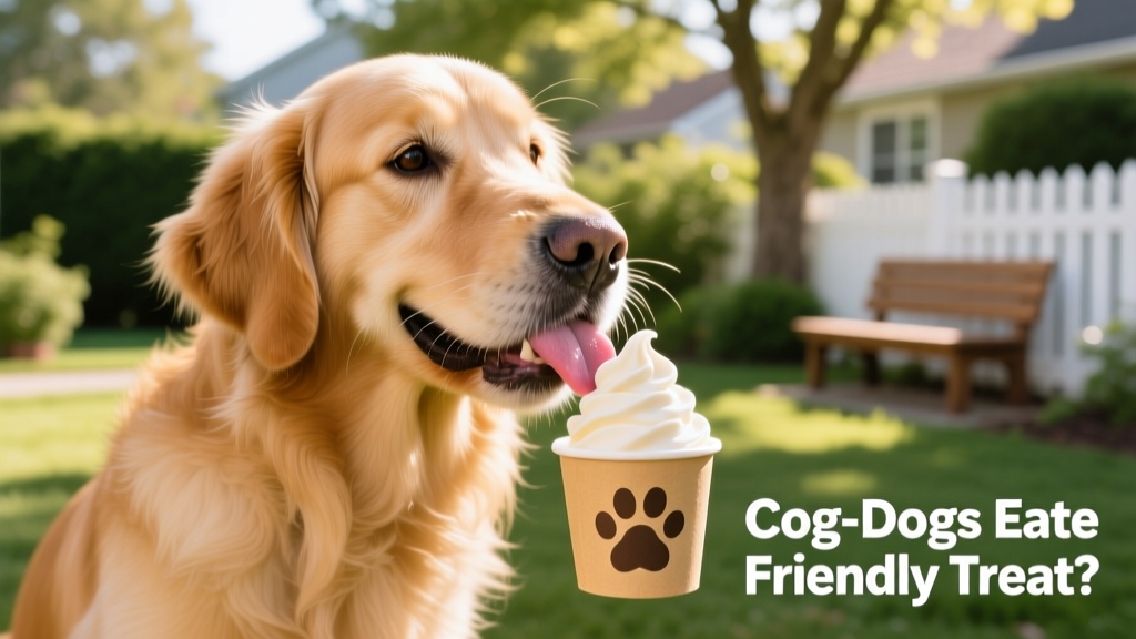 A happy dog licking a small, dog-safe ice cream cup outdoors on a sunny day