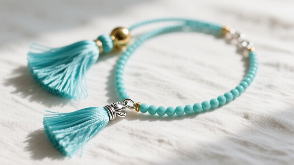 Overhead shot of a turquoise tassel necklace on linen, showing a brass cap, cotton threads, and a sterling silver lobster clasp