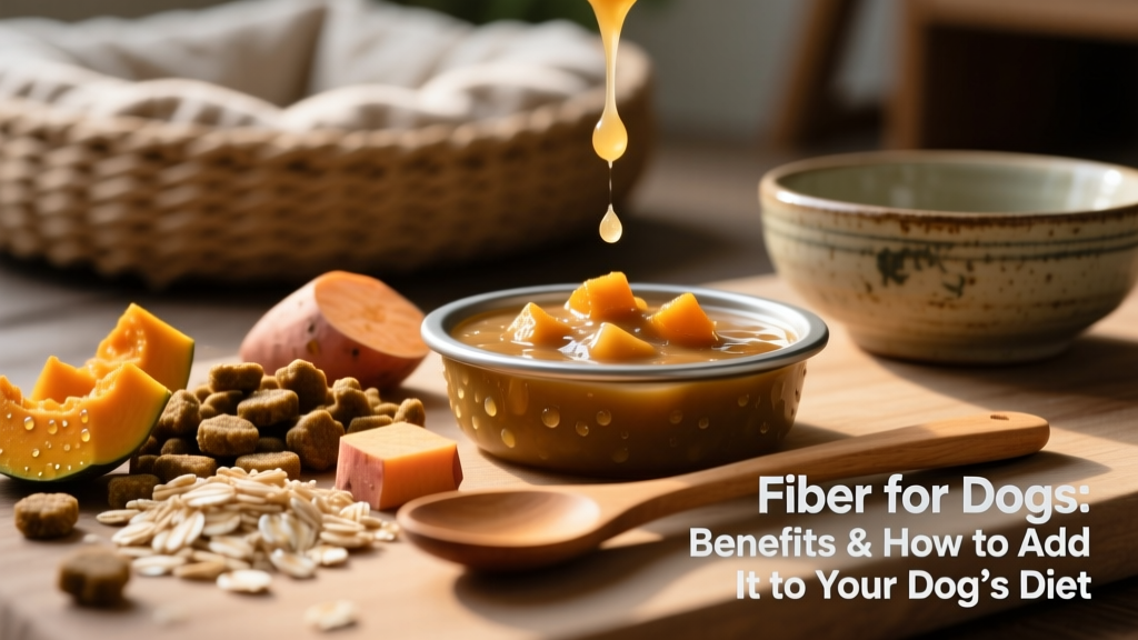 Close-up of high-fiber kibble and wet food with visible ingredients like pumpkin, oats, and sweet potato