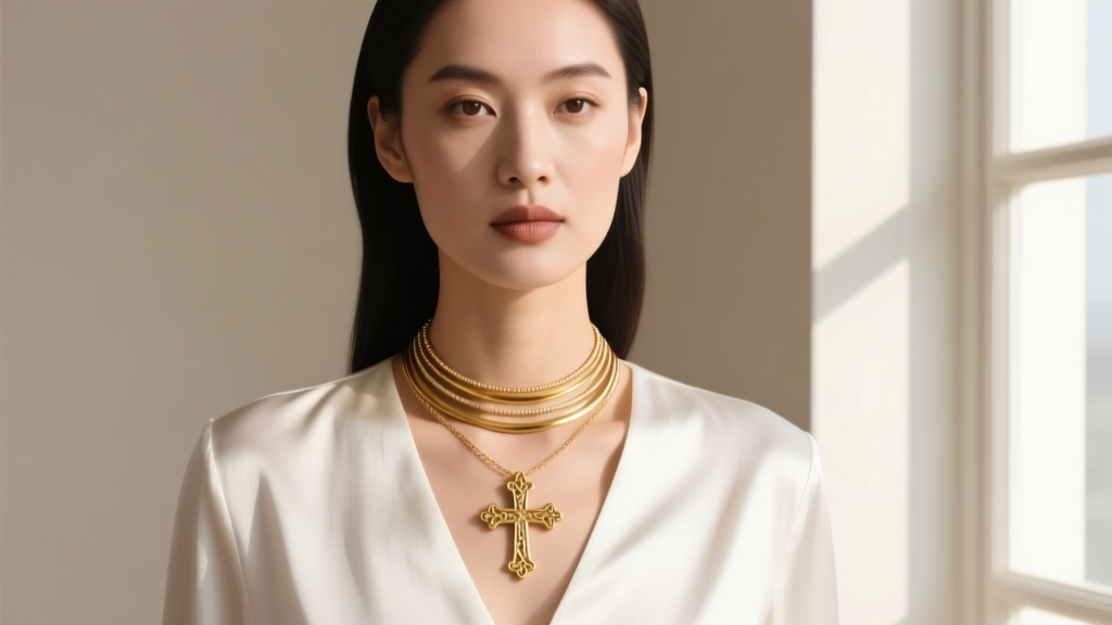 Portrait of woman wearing layered necklace stack, highlighting horizontal gold side cross necklace over a crisp white silk blouse.