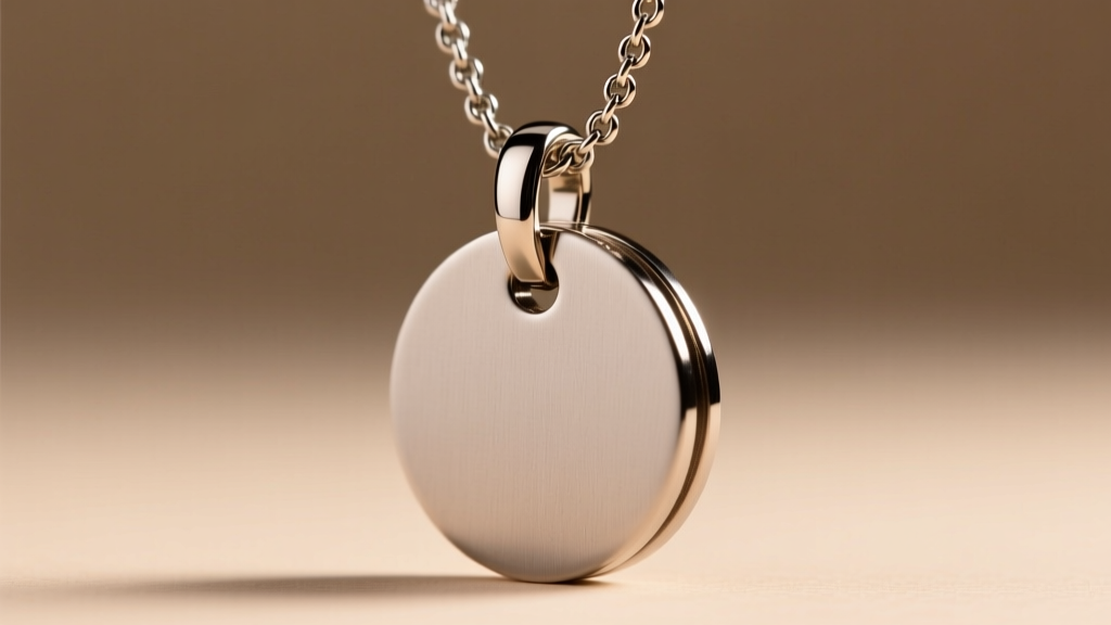 Side view of a thick steel disk pendant on a rolo chain, focusing on the lobster clasp and soldered jump ring connection details.