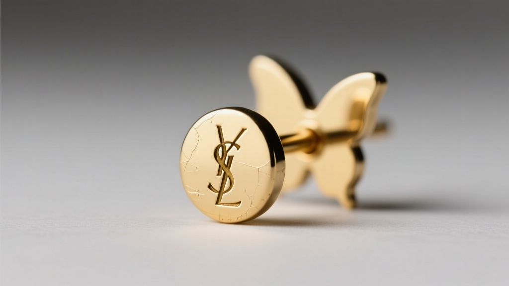 Macro shot of 20-gauge brass earring post and butterfly back, showing gold-tone plating and tiny YSL hallmark engraving details.