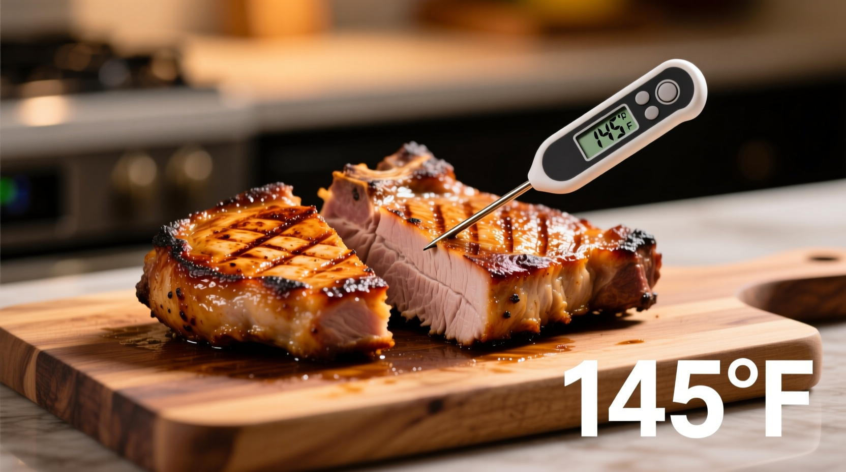 Perfectly cooked oven baked pork chops with thermometer reading