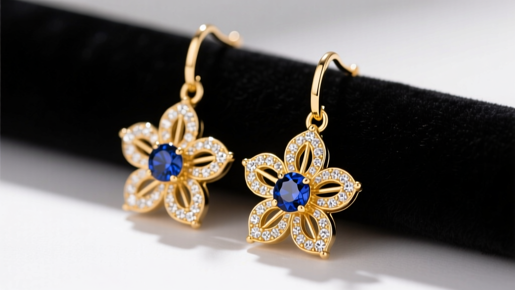 Macro shot of 18k yellow gold dangle flower earrings with pavé diamond petals and a central sapphire, resting on dark velvet.