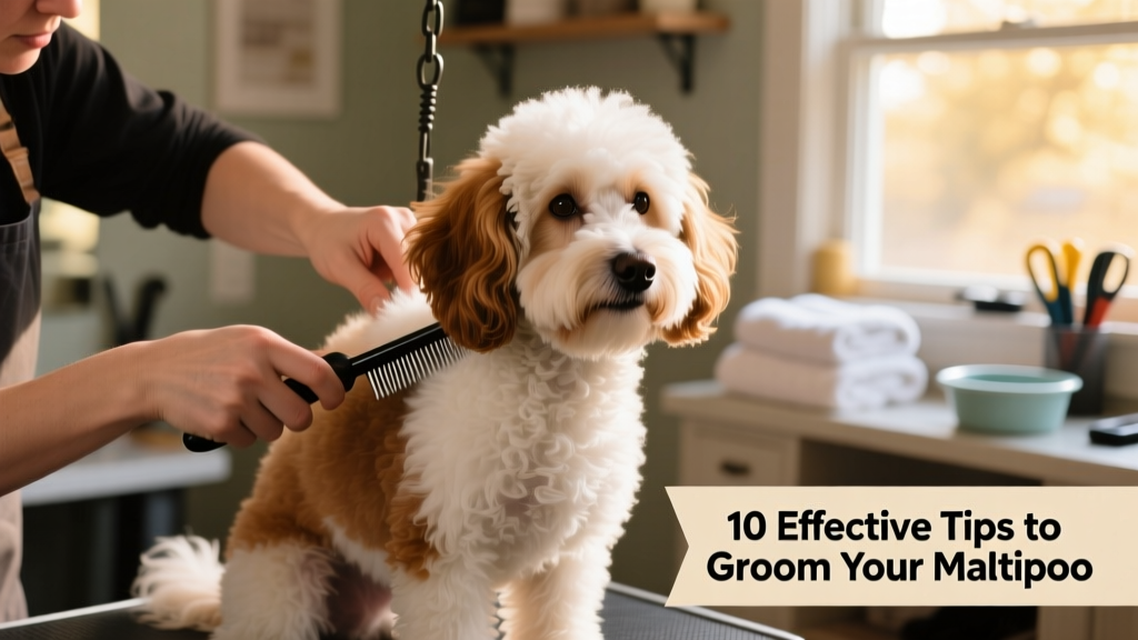 Close-up of a groomer gently brushing a Maltipoo’s fluffy white-and-brown coat