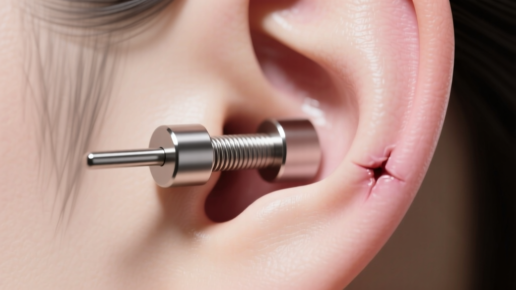 Side profile of an internally threaded flat-back titanium labret in a healed lobe, highlighting the smooth seamless post design