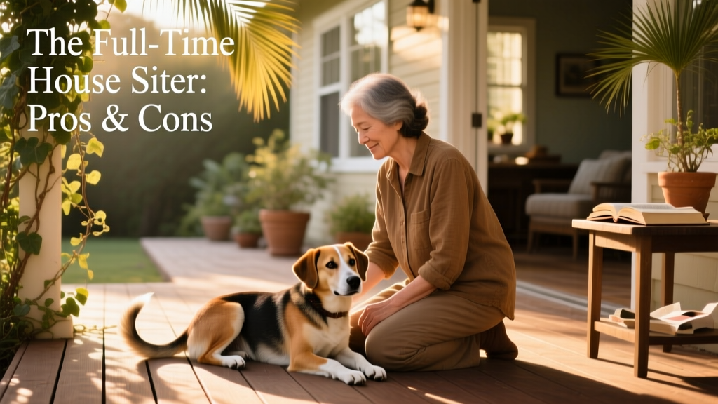 A house sitter kneels beside a friendly dog on a sunlit patio, both relaxed and engaged.