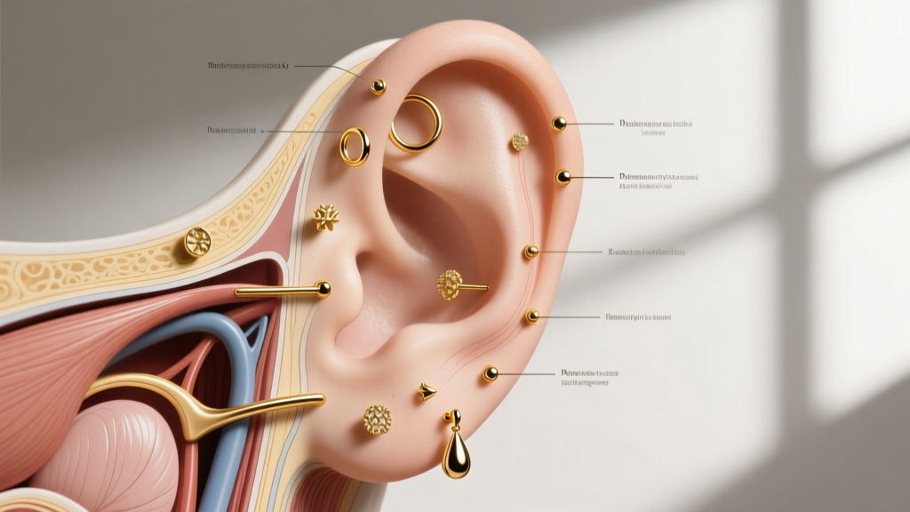 Close-up of a detailed anatomical ear chart highlighting various earring piercing names with delicate gold jewelry in each location.