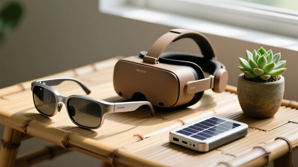 Side-by-side eco-friendly AR glasses and a refurbished VR headset resting on a bamboo desk next to a potted succulent and a solar power bank.