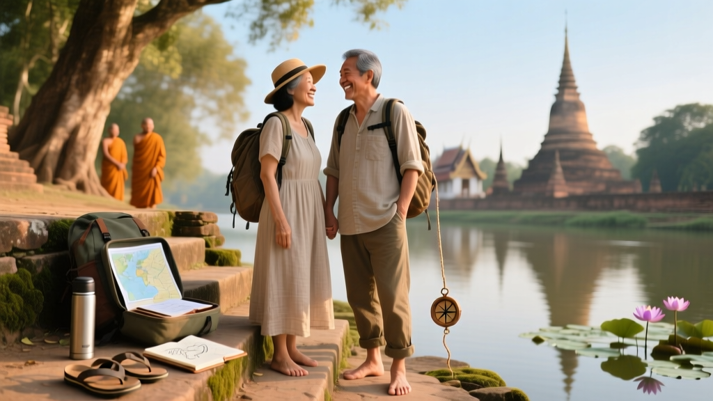 A middle age couple traveling in Thailand together