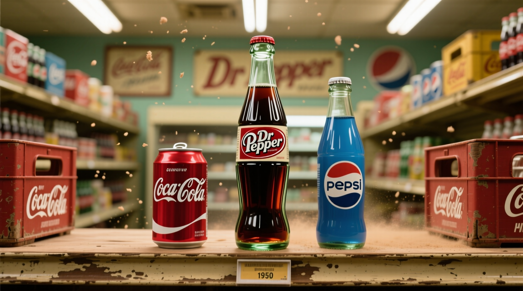 Dr Pepper bottle next to Coke and Pepsi products