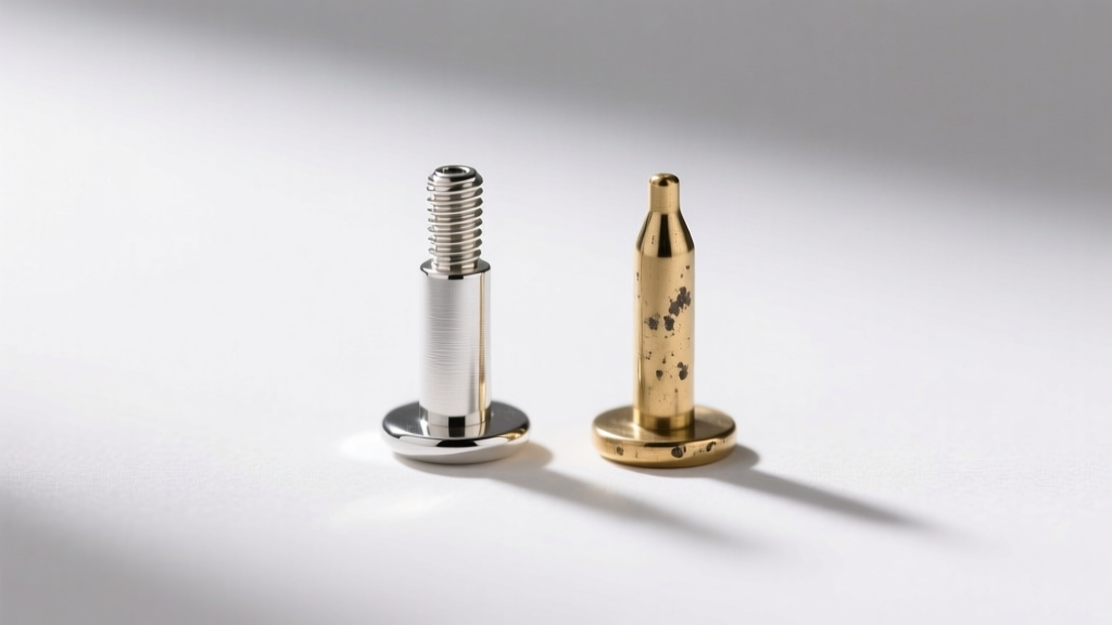 Macro photo of an 18-gauge sterling silver earring post next to a thin 22-gauge counterfeit brass post under bright studio lighting.