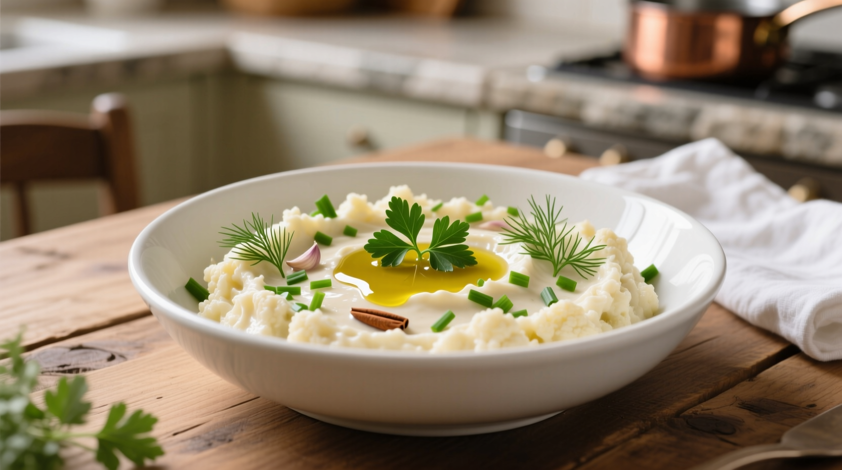 Creamy smashed cauliflower in white bowl with fresh herbs