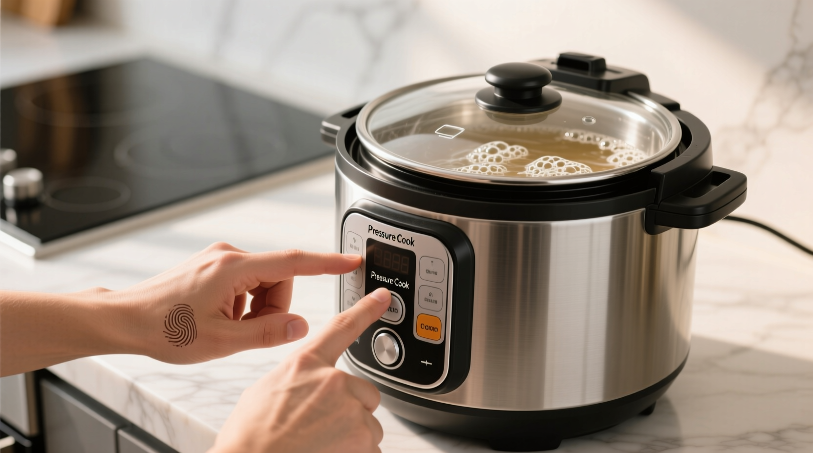Hands safely operating modern electric pressure cooker