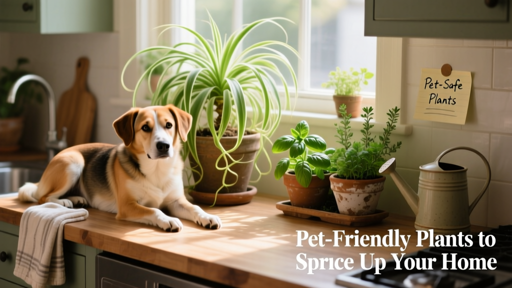 A calm dog resting beside a potted spider plant and a small herb garden on a kitchen counter